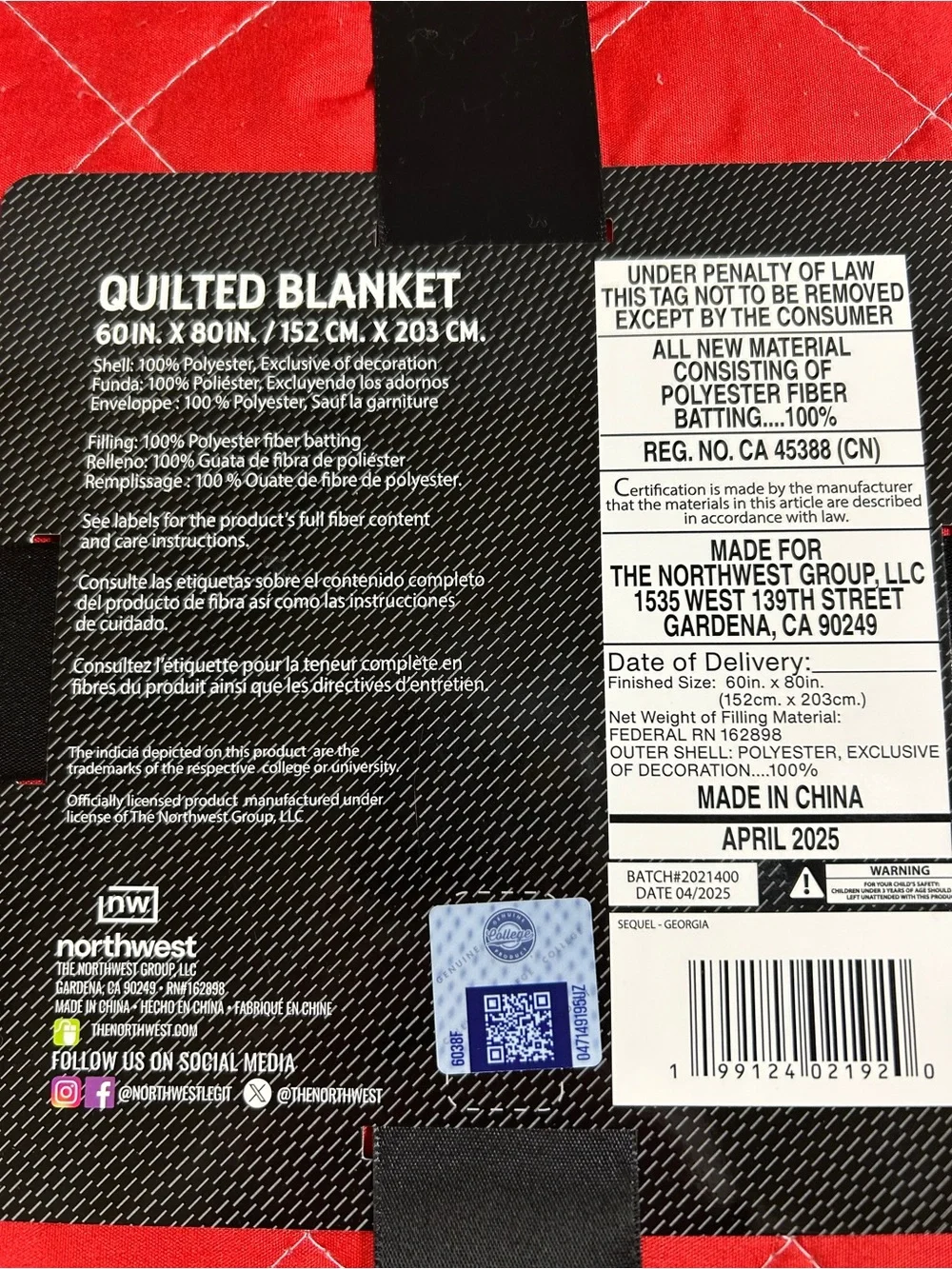 New! NCAA Georgia Bulldogs 60x80 Quilted Throw Blanket
